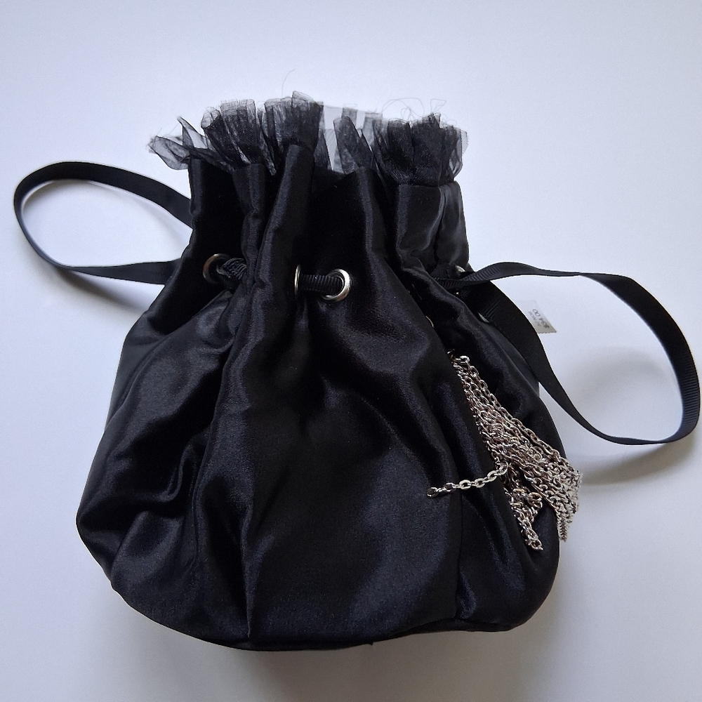 White House Black Market Satin Drawstring Bag Pouch Ruffles Chain Goth Party